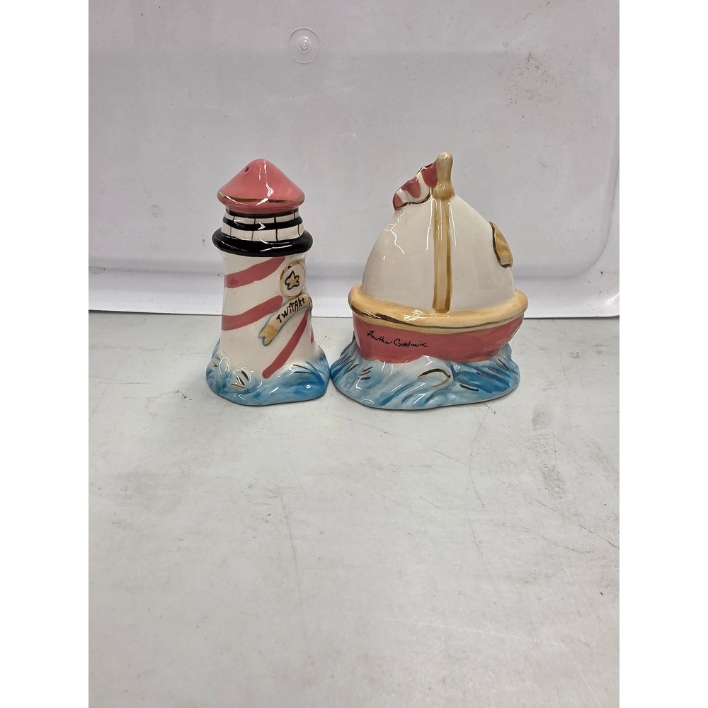 Blue Sky Heather Goldminc Nautical Lighthouse Sailboat Salt Pepper Shakers Set